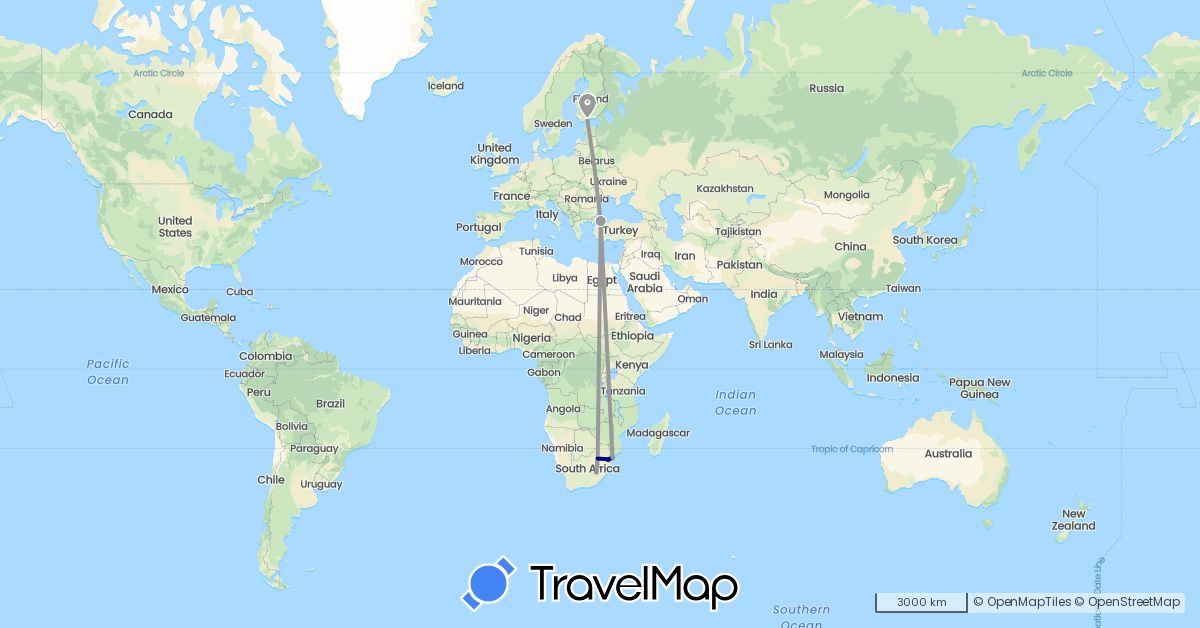 TravelMap itinerary: driving, plane, hiking in Finland, Lesotho, Mozambique, Swaziland, Turkey, South Africa (Africa, Asia, Europe)